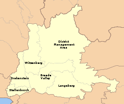 Going clockwise from the southwest corner, the Cape Winelands District municipality is made up of the Stellenbosch, Drakenstein, Breede Valley, and Langeberg Local Municipalities. Along its eastern border is a District Management Area.